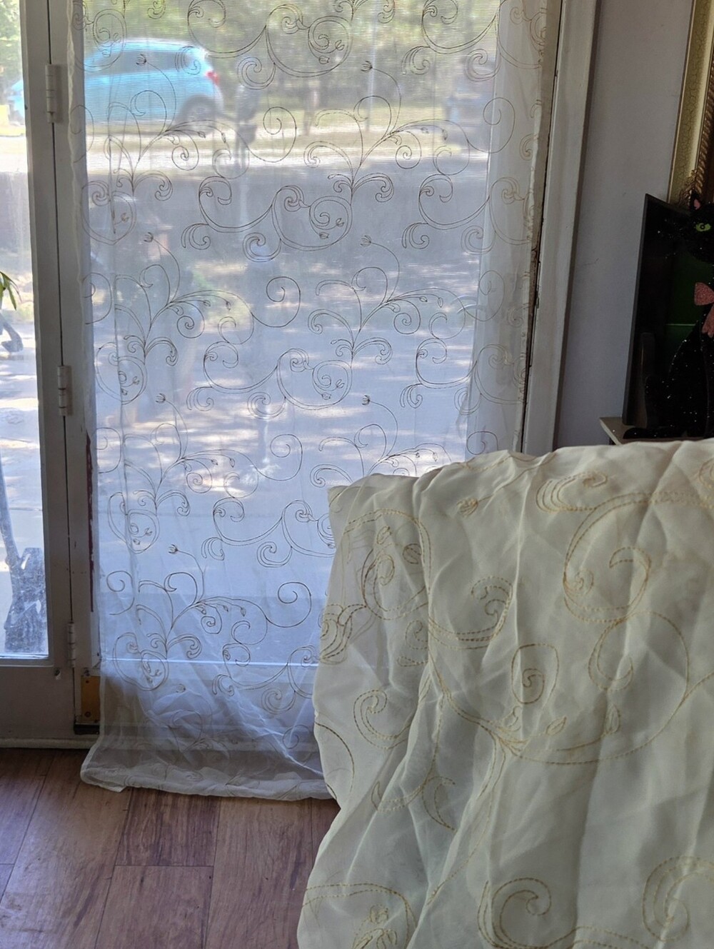 Better Homes and Gardens Ivory Gold Embroidered Scroll Sheer Curtain Panels 38x8